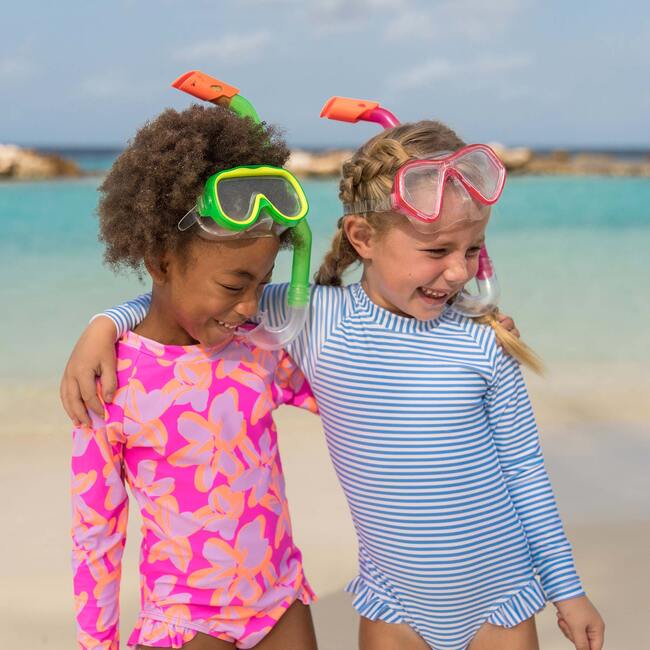 Body Zippé Fille Hawaïen Hibiscus UPF 50+ - Taille 128-134, Bleu, Manches Longues, Neuf