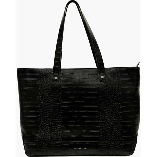Vegan Leather Work Tote Bag with Removable Insulated Pouch, Black Croc