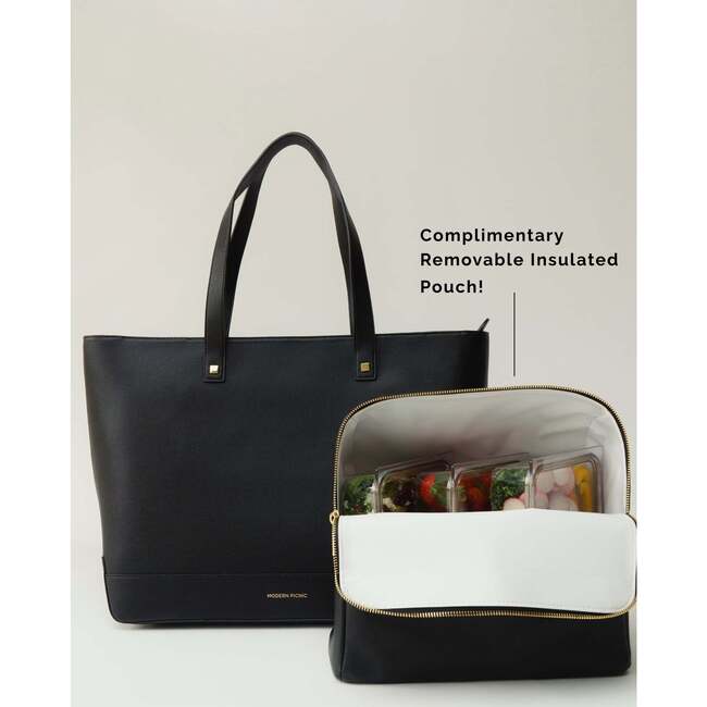 Vegan Leather Work Tote Bag with Removable Insulated Pouch, Black