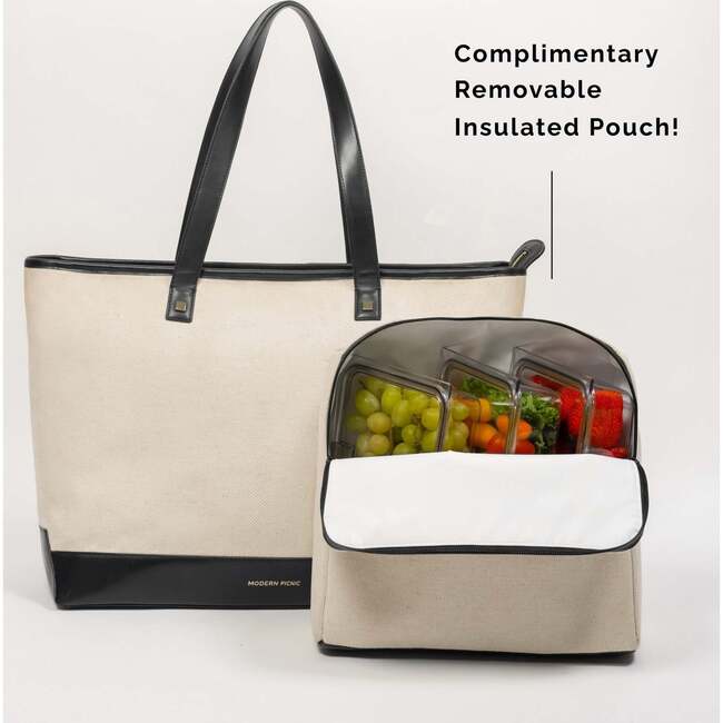 Vegan Leather Work Tote Bag with Removable Insulated Pouch, Black Canvas - Bags - 3