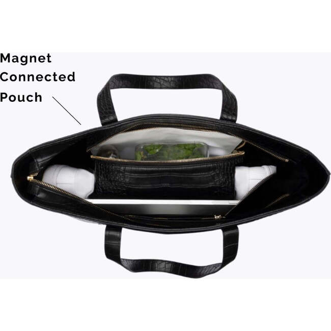 Vegan Leather Work Tote Bag with Removable Insulated Pouch, Black Croc - Bags - 4