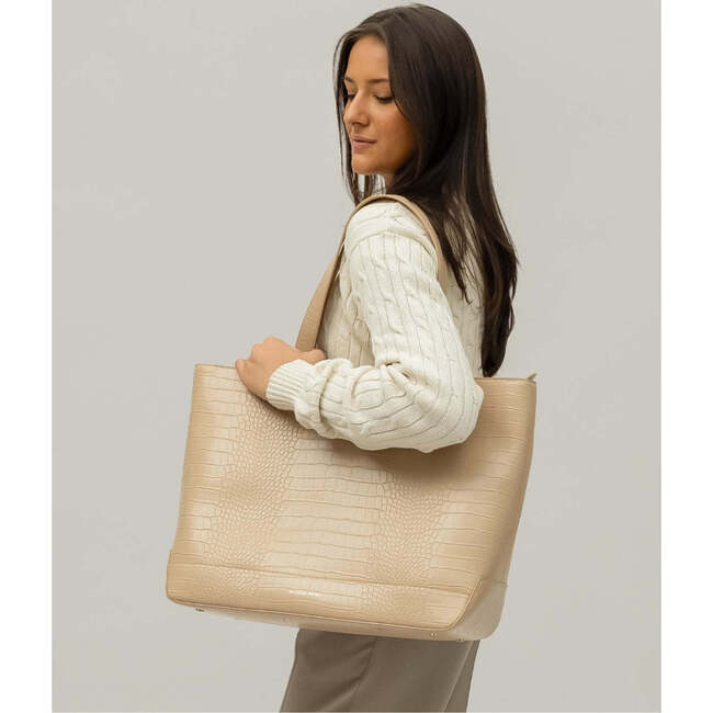 Vegan Leather Work Tote Bag with Removable Insulated Pouch, Cream Croc - Bags - 5