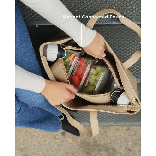 Vegan Leather Work Tote Bag with Removable Insulated Pouch, Cream - Bags - 4