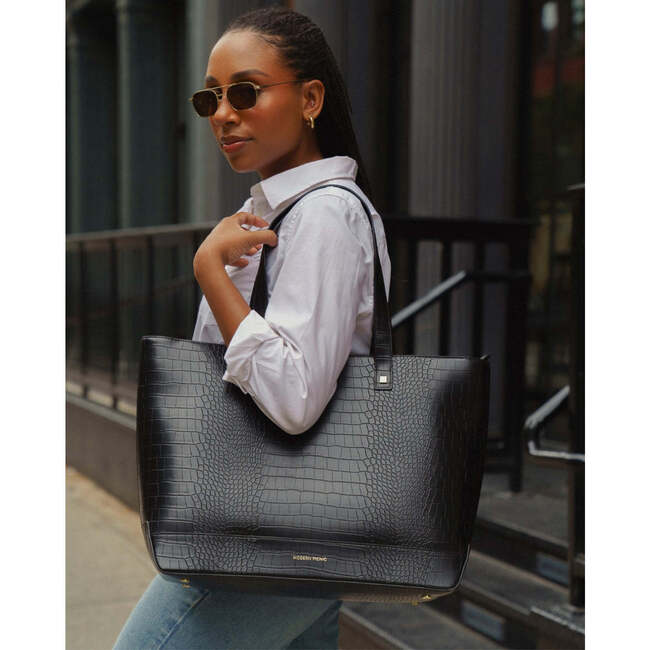 Vegan Leather Work Tote Bag with Removable Insulated Pouch, Black Croc - Bags - 5
