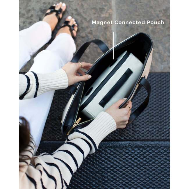 Vegan Leather Work Tote Bag with Removable Insulated Pouch, Black Canvas - Bags - 4