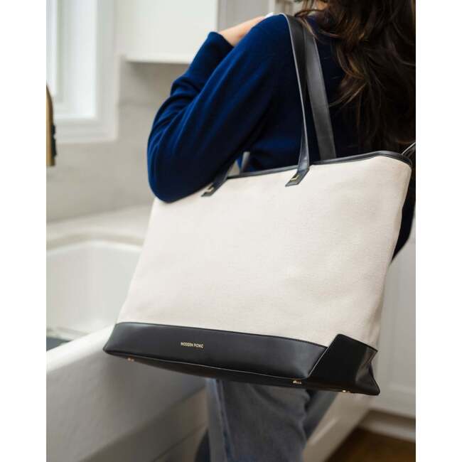 Vegan Leather Work Tote Bag with Removable Insulated Pouch, Black Canvas - Bags - 5