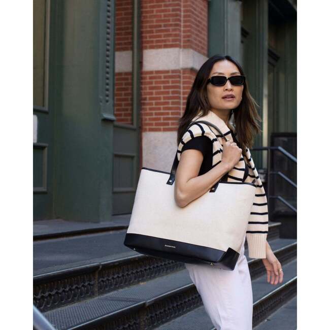 Vegan Leather Work Tote Bag with Removable Insulated Pouch, Black Canvas - Bags - 6