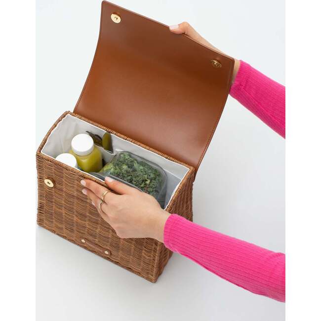 Medium Insulated Hand-Woven Wicker Lunchbox, Brown - Lunchbags - 5