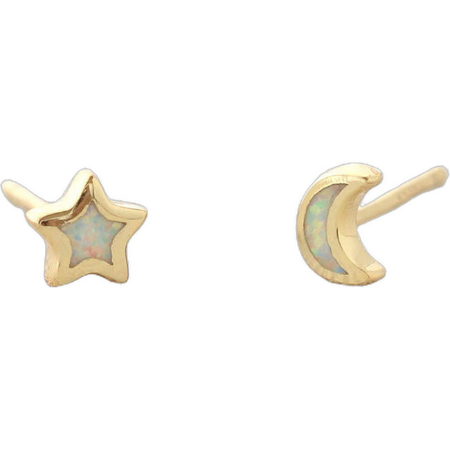 Opal Star Moon Stud Earrings, Gold