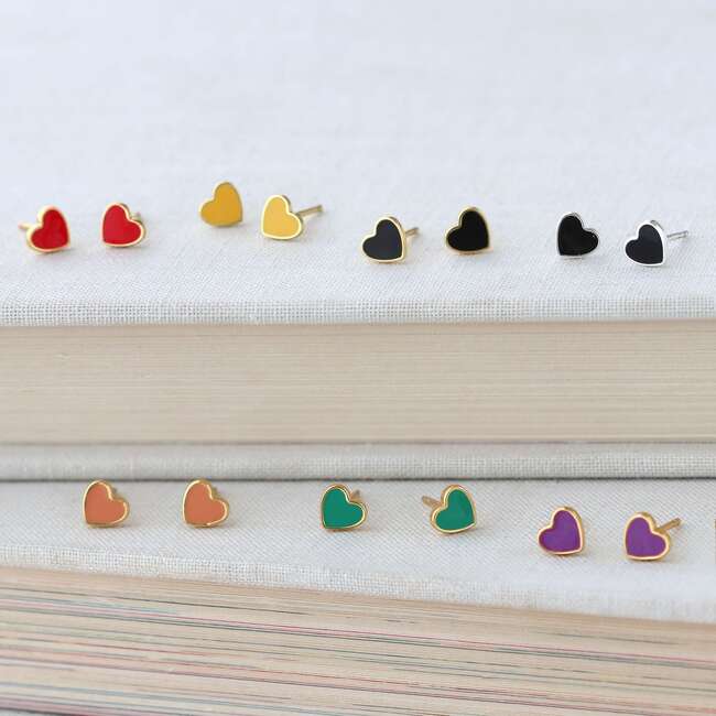 Petite Heart Enamel Stud Earrings, Gold, Black - Earrings - 3