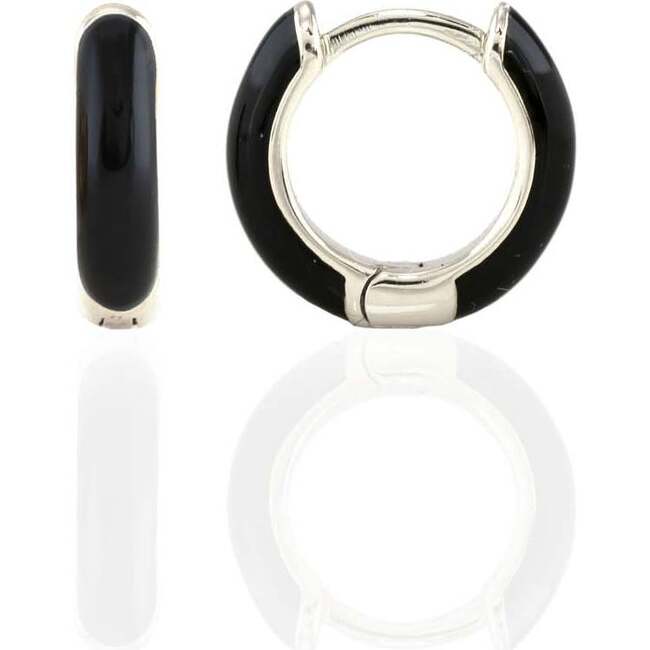 Enamel Huggie Hoop Earrings, Silver, Black
