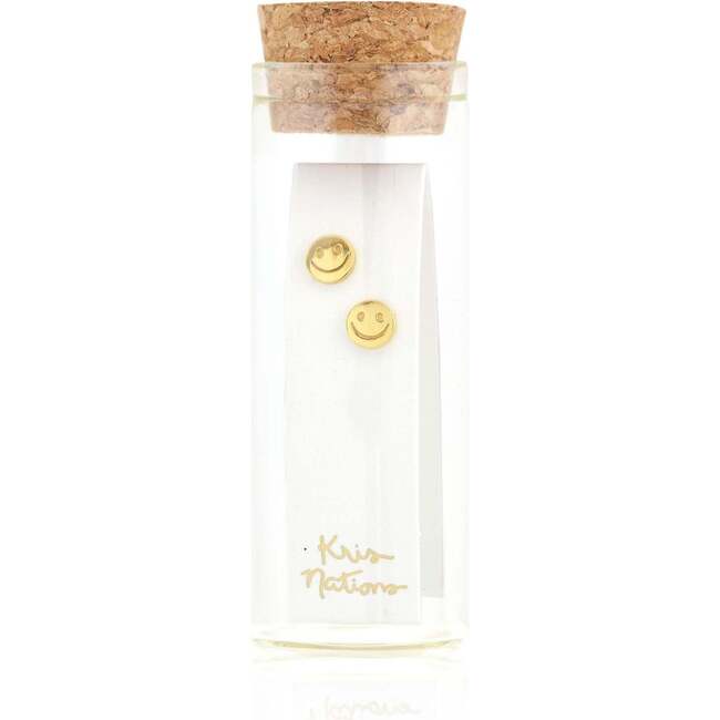 Happy Face Stud Earrings, Gold - Earrings - 3