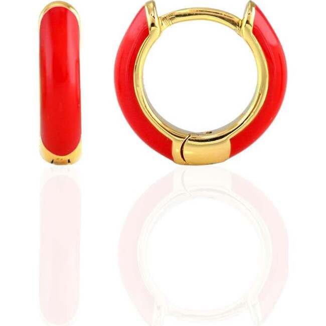 Enamel Huggie Hoop Earrings, Gold, Red