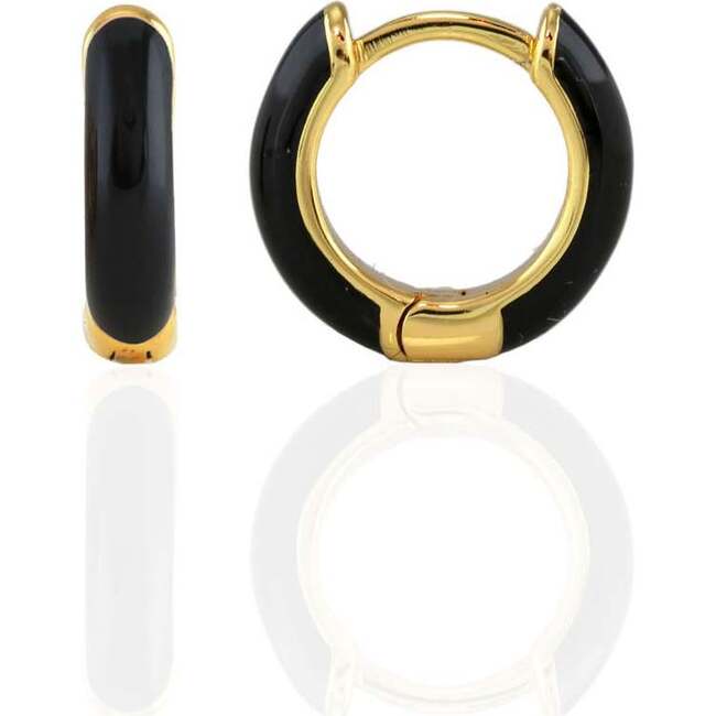 Enamel Huggie Hoop Earrings, Gold, Black