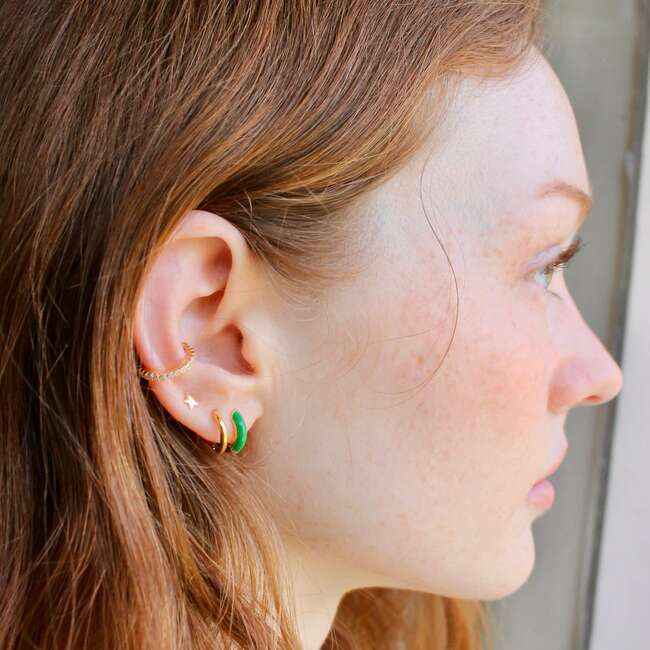 Enamel Huggie Hoop Earrings, Gold, Green
