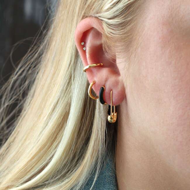 Enamel Huggie Hoop Earrings, Gold, Black - Earrings - 3