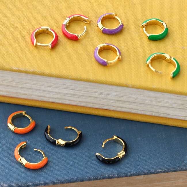 Enamel Huggie Hoop Earrings, Gold, Green - Earrings - 3