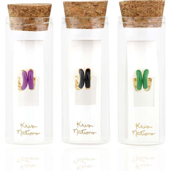 Enamel Huggie Hoop Earrings, Gold, Green - Earrings - 4