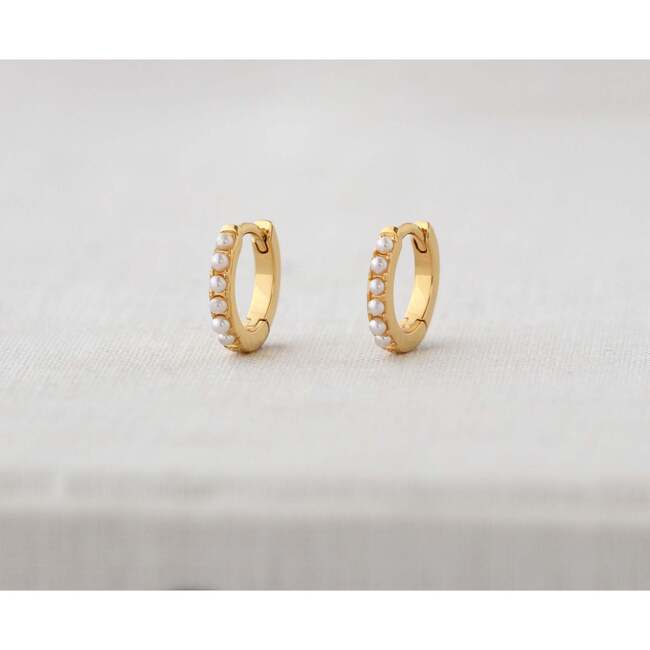 Crystal Huggie Hoop Earrings, Gold, Pearl - Earrings - 4
