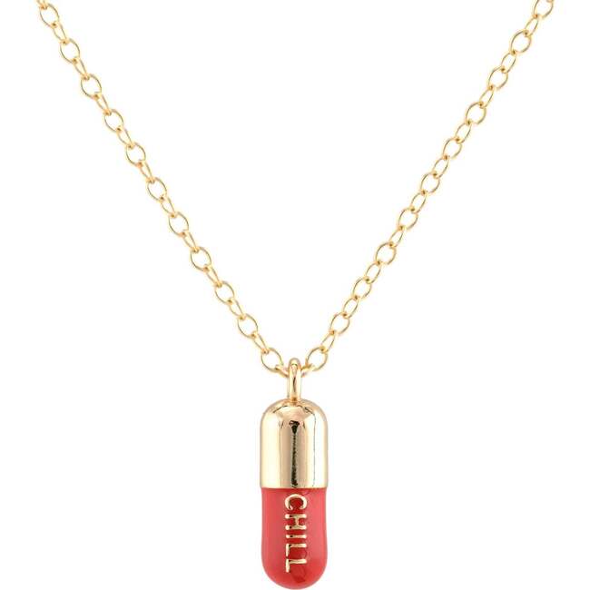 Chill Pill Enamel Necklace, Gold, Red