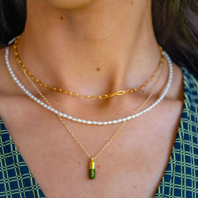 Chill Pill Enamel Necklace, Gold, Olive