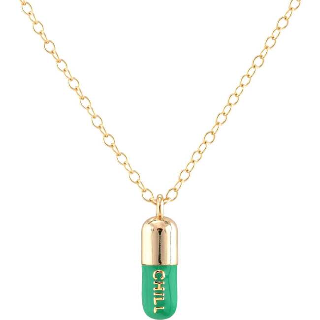 Chill Pill Enamel Necklace, Gold, Green