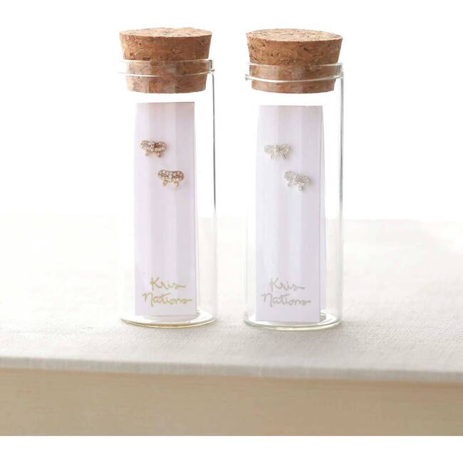 Bow with Crystals Stud Earrings, Silver - Earrings - 3