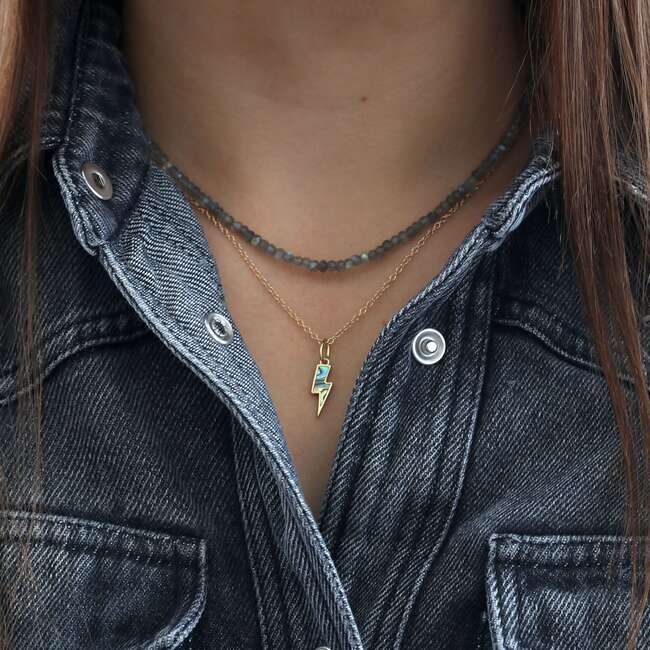 Abalone Lightning Bolt Charm Necklace, Gold