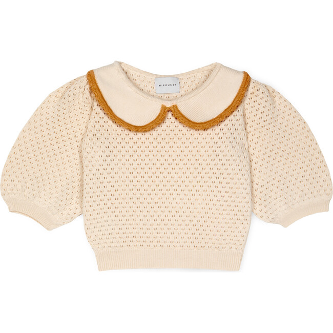 Carola Collared Openwork Sweater, Cream & Caramel - Sweaters - 1
