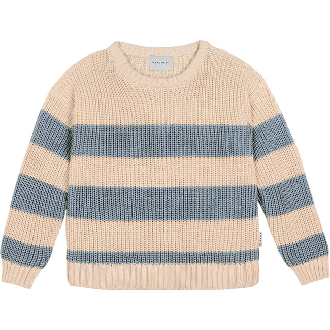 Theo Cotton Crew Neck Ribbed Cuff Striped Sweater, Sand And Blue - Sweaters - 1