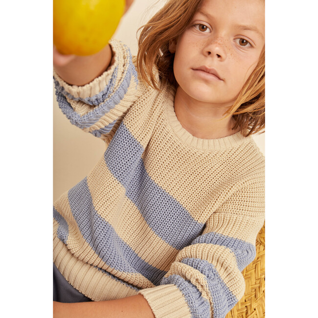 Theo Cotton Crew Neck Ribbed Cuff Striped Sweater, Sand And Blue - Sweaters - 2