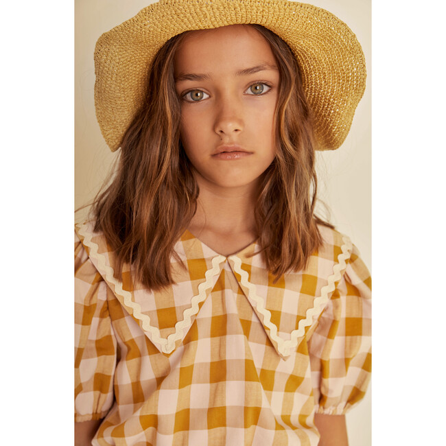 Sienna Vichy Oversized Collared Puff Sleeve Blouse, Caramel - Blouses - 2