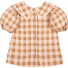 Sienna Vichy Oversized Collared Puff Sleeve Blouse, Caramel - Blouses - 3
