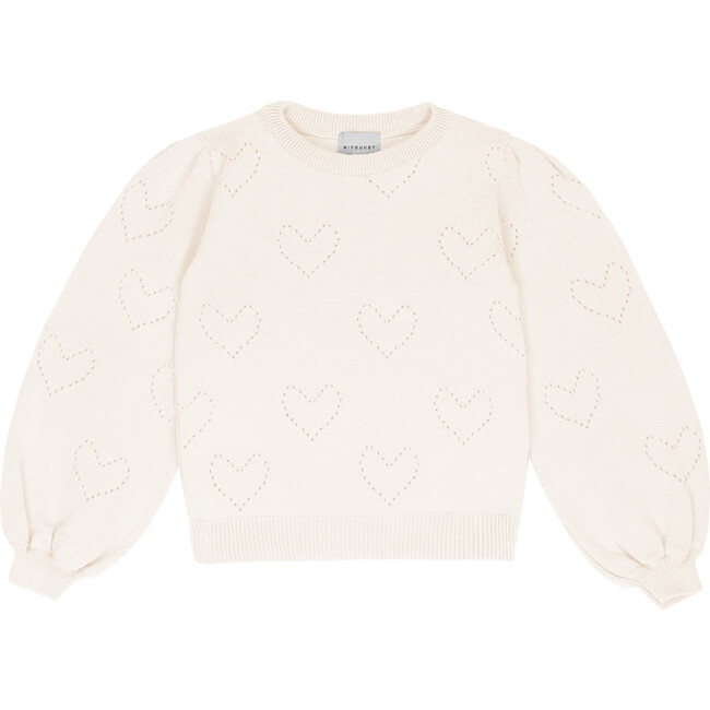 Duna Heart Crew Neck Long Puff Sleeve Sweater, Ecru - Sweaters - 1