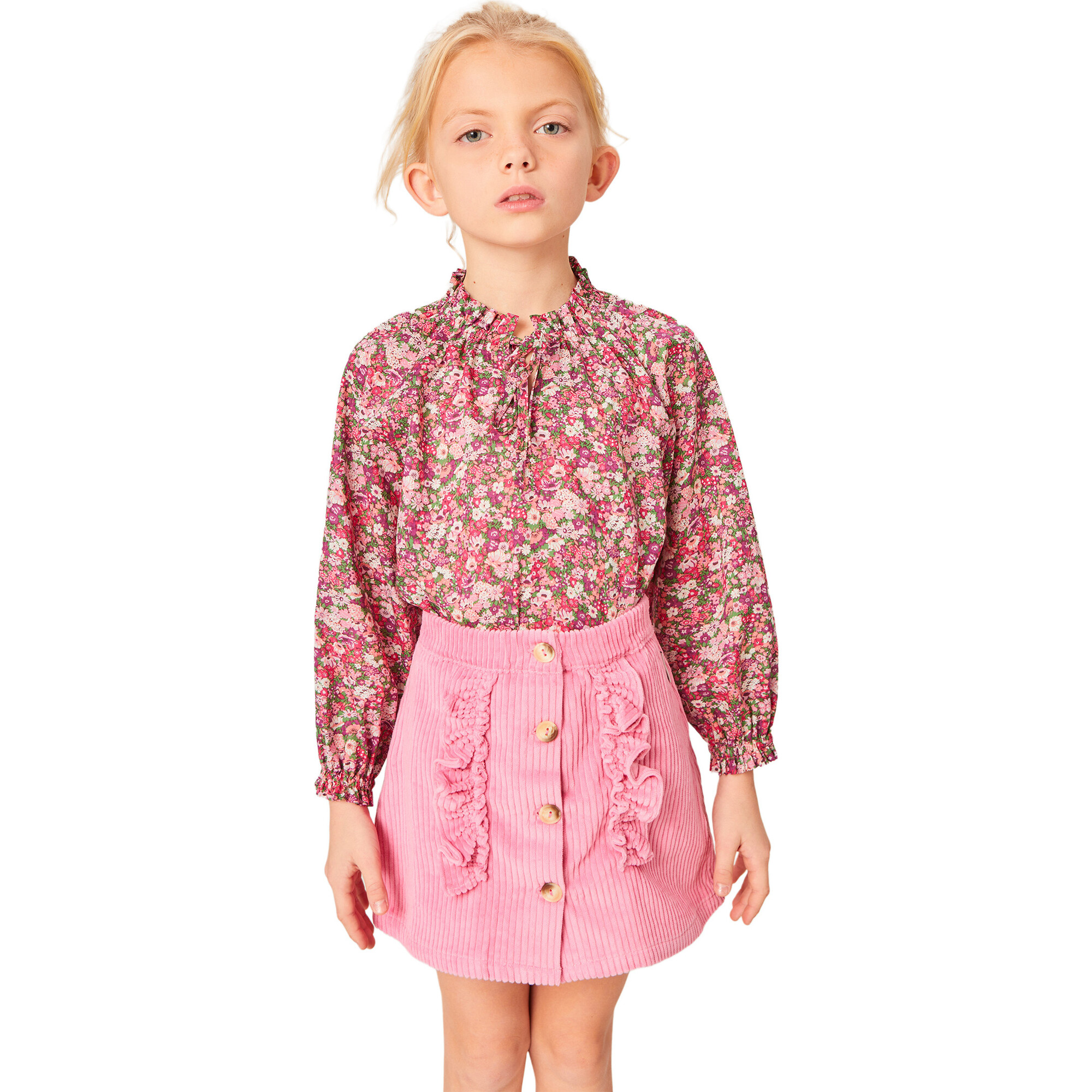 Diana Wide Ribbed Ruffle Trim Mini Skirt, Pink - Mipounet Skirts