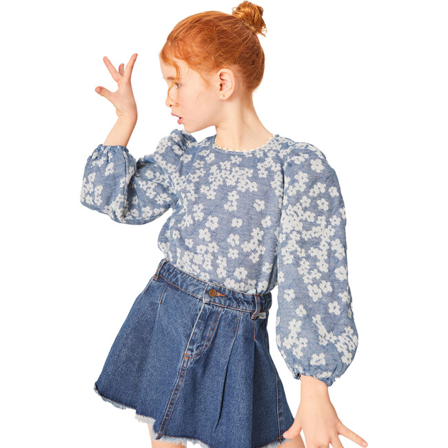 Clementine Jacquard Long Puff Sleeve Scalloped Trim Blouse, Blue - Blouses - 2