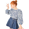 Clementine Jacquard Long Puff Sleeve Scalloped Trim Blouse, Blue - Blouses - 2 - thumbnail
