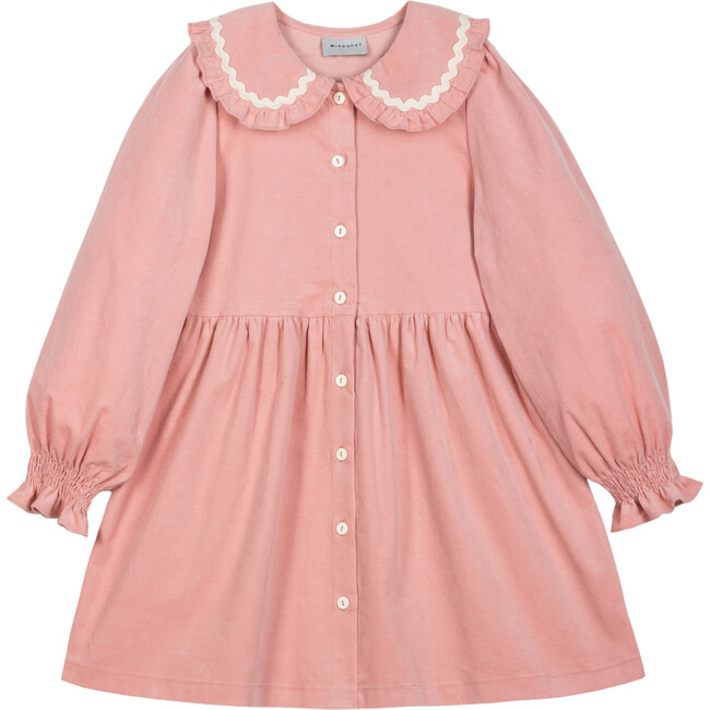 Carine Corduroy Round Collar Long Sleeve Frill Trim Smocked Dress, Coral - Dresses - 1