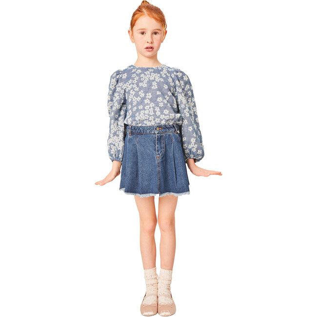 Clementine Jacquard Long Puff Sleeve Scalloped Trim Blouse, Blue - Blouses - 3