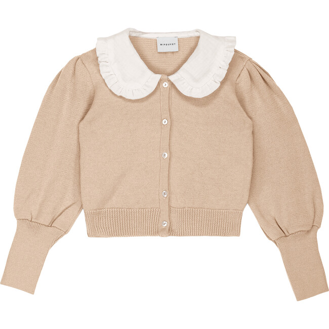 Isabella Over sized Collar Ruffle Trim Cardigan, Beige - Cardigans - 1