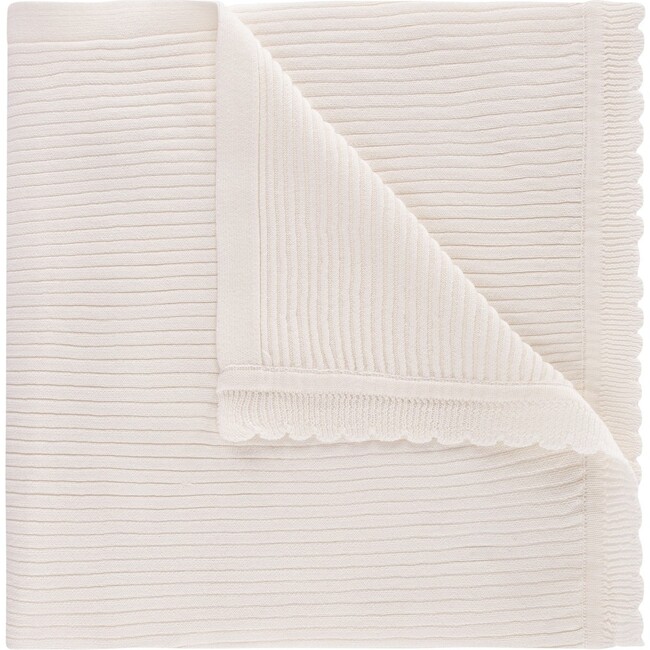 Scallop Trimmed Rib Knit Blanket Ivory