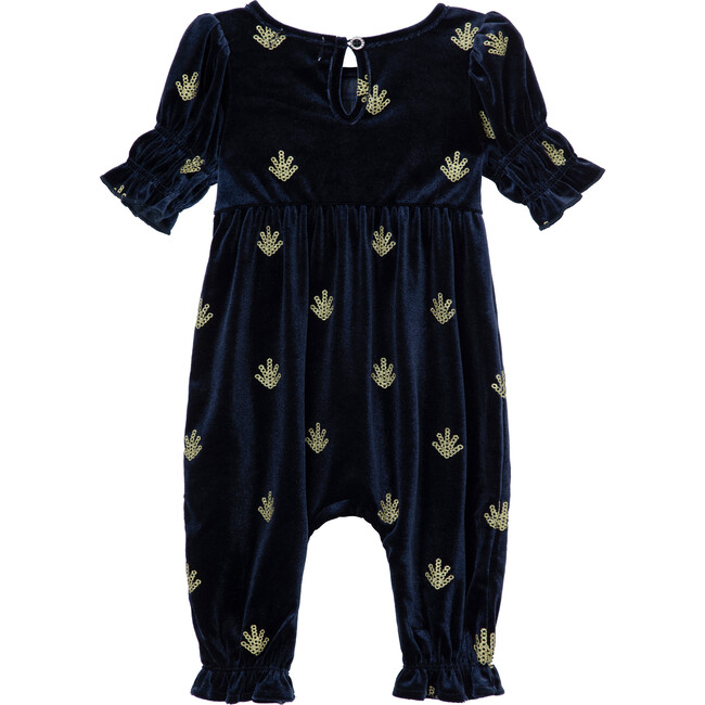 Baby Glitter Tree Beddeck Smocked Sleeve Velour Jumpsuit, Navy