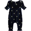 Baby Glitter Tree Beddeck Smocked Sleeve Velour Jumpsuit, Navy - Rompers - 2 - thumbnail