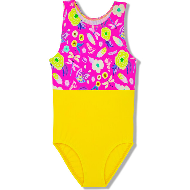 Dragonfly Floral Print 2-Tone Leotard, Multicolors