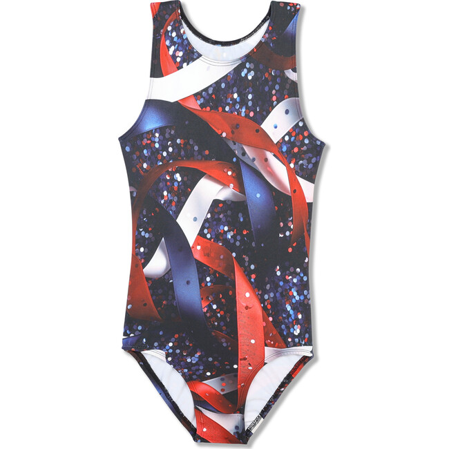Patriotic Ribbons Print Racer Back Leotard, Red