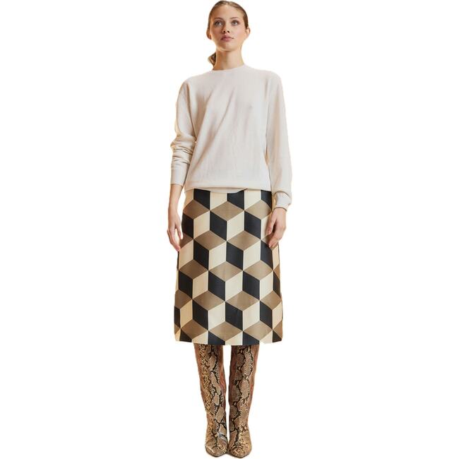 Silk Wool Midi Skirt, Geo Black/Camel Combo