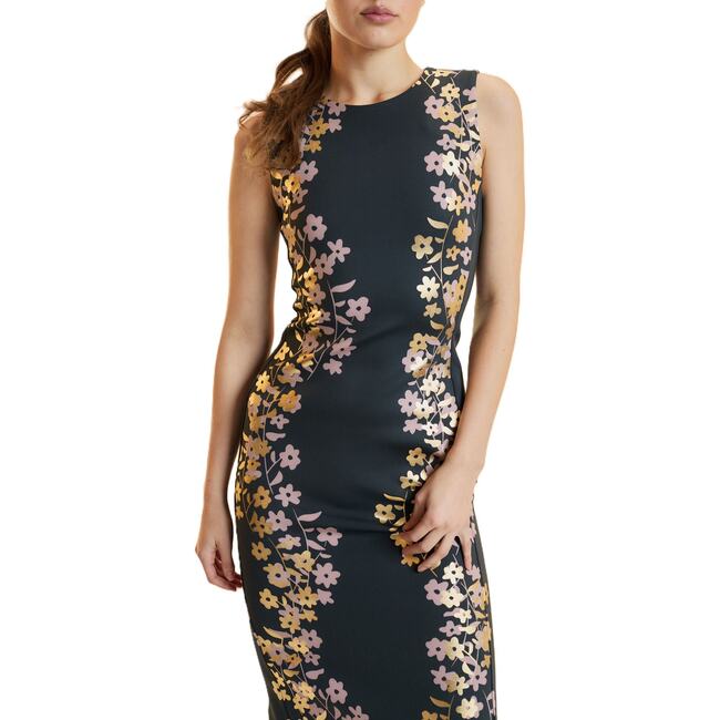 Sleeveless Bonded Midi Dress, Black/Gold