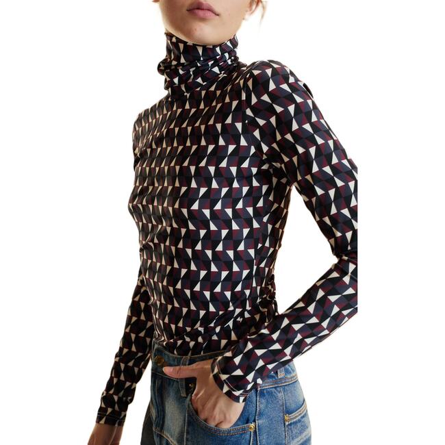 Turtle Neck Lycra Top, Geo Multi - Blouses - 4