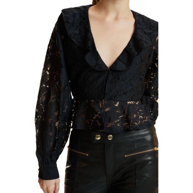 V Neck Lace Blouse, Black - Blouses - 3