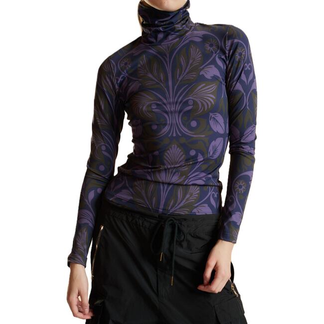 Turtle Neck Lycra Top, Purple Multi - Blouses - 4